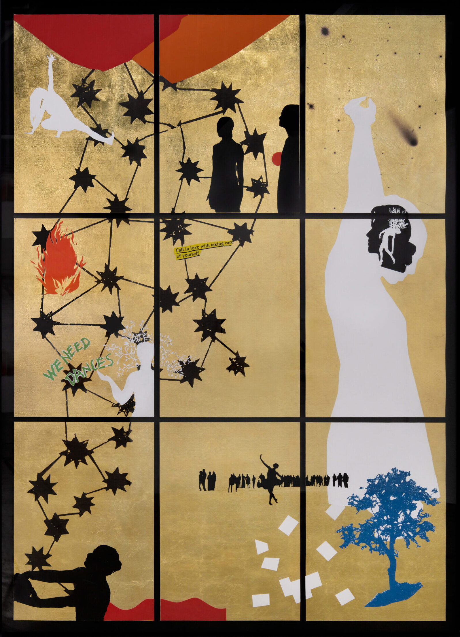 There is so much we can learn from the Sun
2024
Collage and mixed media on gold leaf
150 x 210 cm (50 x 70 each)
Courtesy Private Collection