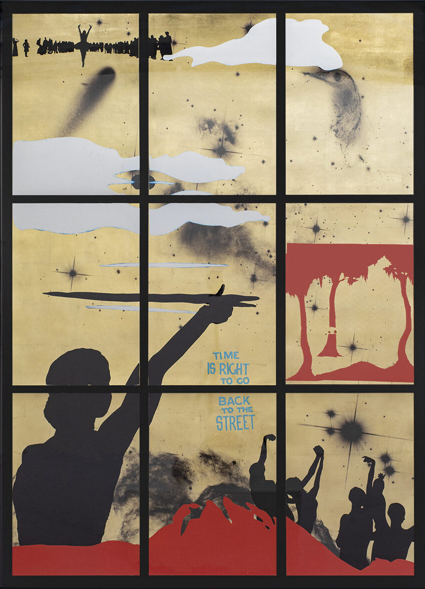 There is so much we can learn from the Sun
2025
Collage and mixed media on gold leaf
150 x 210 cm (50 x 70 each)
Courtesy the artist and Mazzoleni, London - Torino - Milano